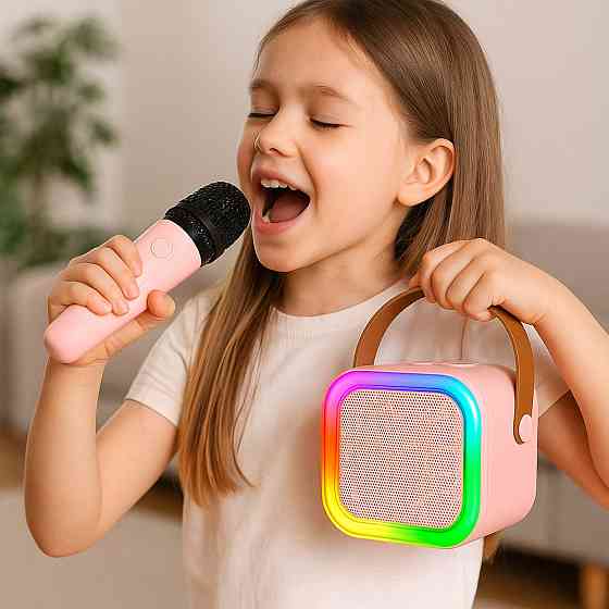 Дитяче караоке + 2 мікрофони, К12 Рожевий / Блютуз колонка з RGB підсвіткою / Бездротове міні-караоке Київ