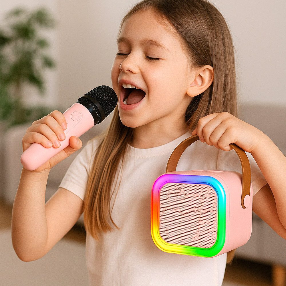 Дитяче караоке + 2 мікрофони, К12 Рожевий / Блютуз колонка з RGB підсвіткою / Бездротове міні-караоке Київ - фото 2