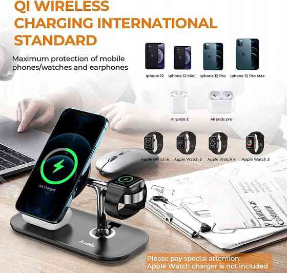 Бездротова магнітна док-станція Auckly A7 3-в-1 з MagSafe 15W для iPhone, AirPods та Apple Watch, швидка зарядка, чорна Київ