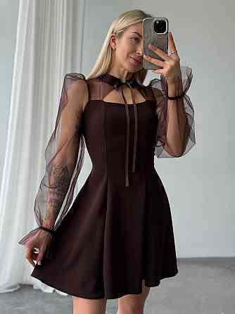 Женское нежное платье с рукавами из сеточки креп дайвинг Шоколад, 46/48 Одесса