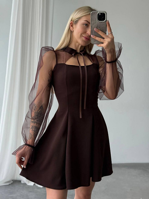 Женское нежное платье с рукавами из сеточки креп дайвинг Шоколад, 46/48 Одесса - изображение 3
