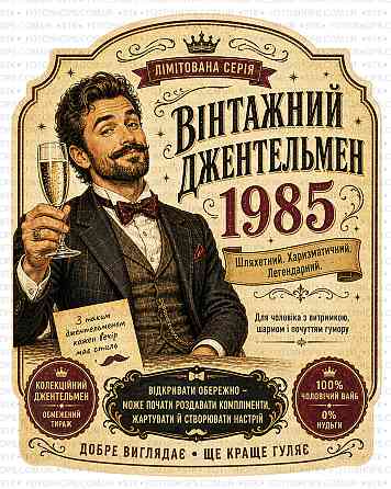 Етикетки на пляшку вина або ігристого “Вінтажний джентельмен 1985” | Прикольний подарунок чоловікові | Комплект етикетка + контрет Одеса