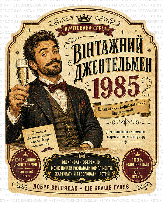 Етикетки на пляшку вина або ігристого “Вінтажний джентельмен 1985” | Прикольний подарунок чоловікові | Комплект етикетка + контрет Одеса - фото 1