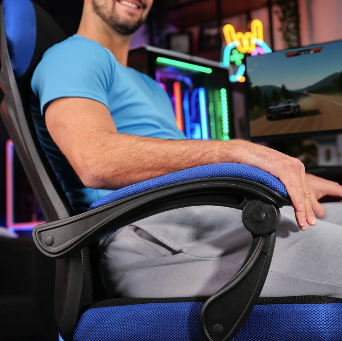 Геймерское компьютерное кресло черное с синим Sporte для дома, игровое кресло с выдвижной подставкой для ног Киев - изображение 10