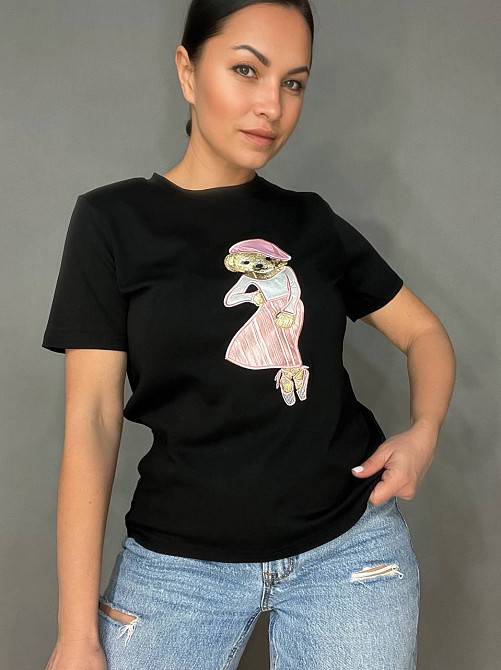 Футболка женская A-N 26009 нашивка мишка балерина впереди однотонная средняя длина базовая one size, черный, one size Киев - изображение 5