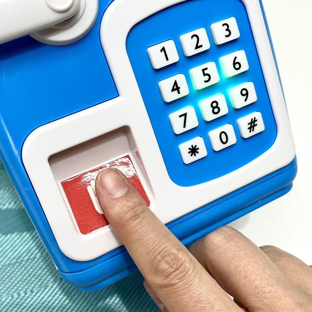 Сейф-скарбничка дитяча зі сканером відбитка пальця та кодовим замком затягує купюри звук підсвічування Синій (MK 5411) Чернігів - фото 7