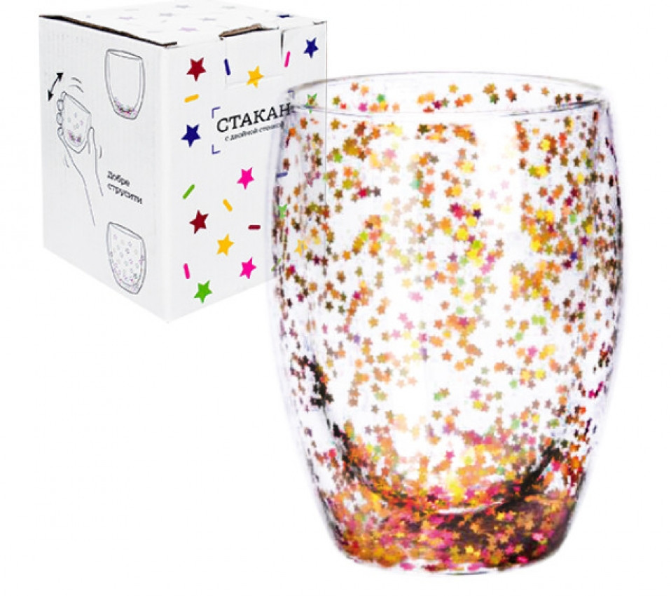 Склянка з подвійними стінками скла блискітки зірочки всередині 350мл Вінниця - фото 1