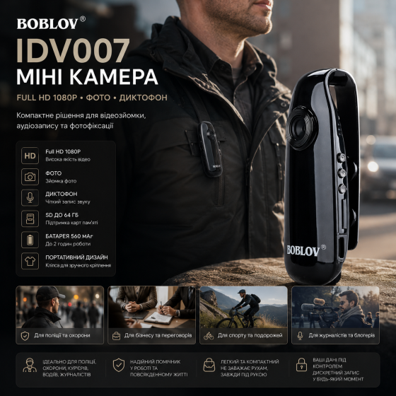 Міні камера Boblov IDV007 Full HD 1080P: компактний відеореєстратор, диктофон та екшн-камера з магнітною кліпсою Київ