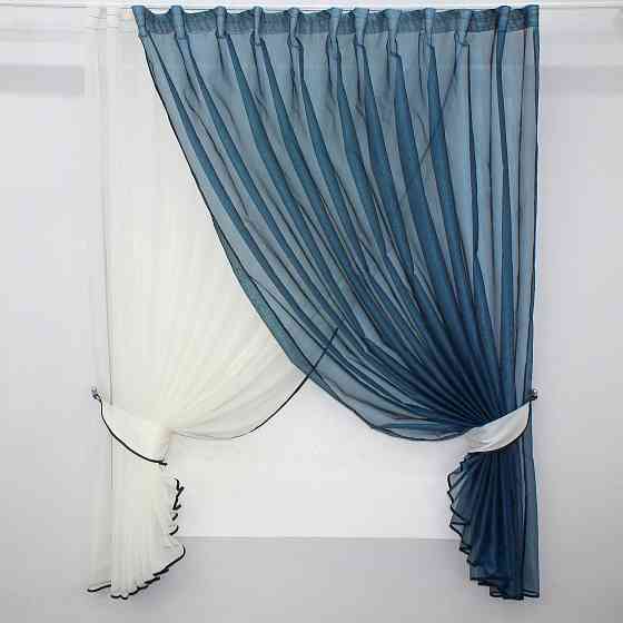 Кухонные шторки VR-Textil № 101к с подвязками молочный с синим 330х170 см (52-0309) Киев