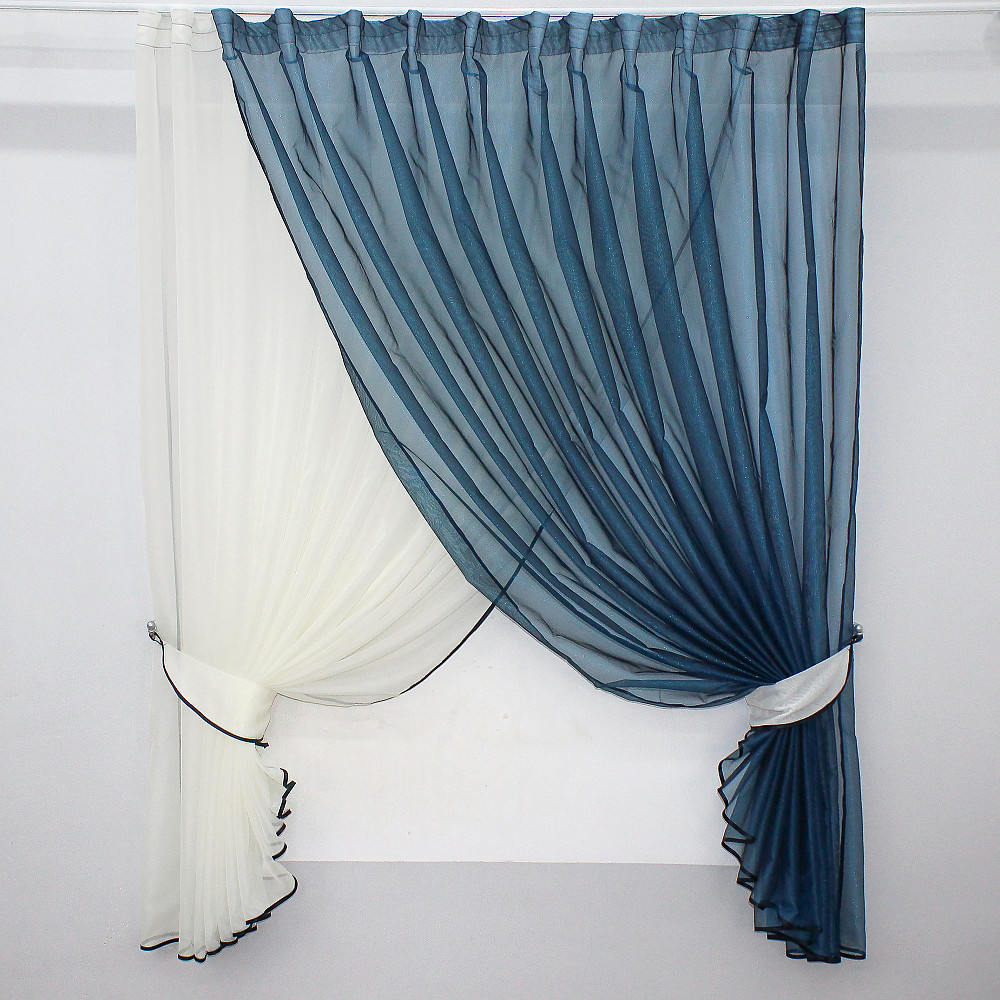 Кухонные шторки VR-Textil № 101к с подвязками молочный с синим 330х170 см (52-0309) Киев - изображение 1