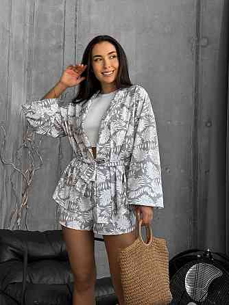 Женский летний принтованный костюм двойка: рубашка-кимоно и шорты софт Одесса