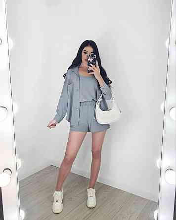 Жіночий легкий костюм-трійка: сорочка, майка та шорти креп жатка Сірий, 42/44 Одеса