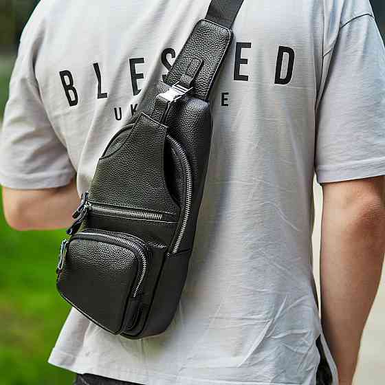 Мужская кожаная сумка-слинг 17х32х7, бананка для роботы и офиса TIDING BAG - MK-96303 черная Киев