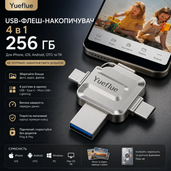 Флешка 4 в 1 на 256 ГБ для iPhone, Android и ПК металлическая влагостойкая OTG флеш-накопитель Ueflue Серебро Киев