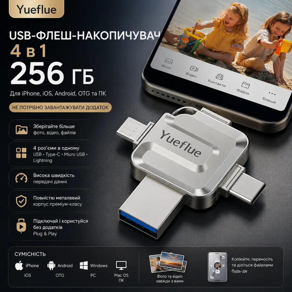 Флешка 4 в 1 на 256 ГБ для iPhone, Android и ПК металлическая влагостойкая OTG флеш-накопитель Ueflue Серебро Киев - изображение 1