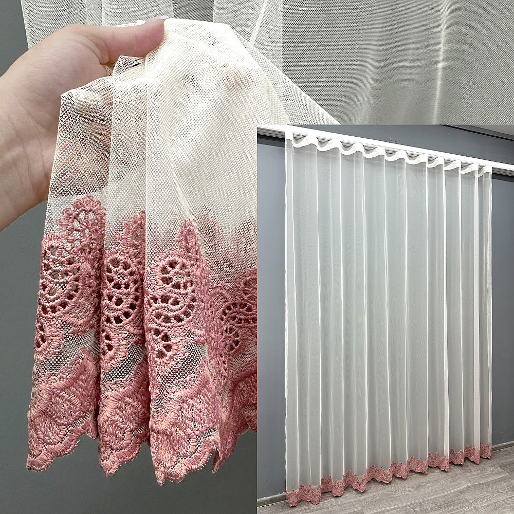 Тюль VR-Textil 1698т Грек-сетка с вышивкой Молочный с розовым 300х270 см (42-0718) Киев - изображение 1