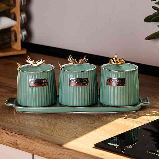 Yiwu Набір банок з підставкою для сипучих продуктів, 400 мл, зелені HP-15-31 Коломыя