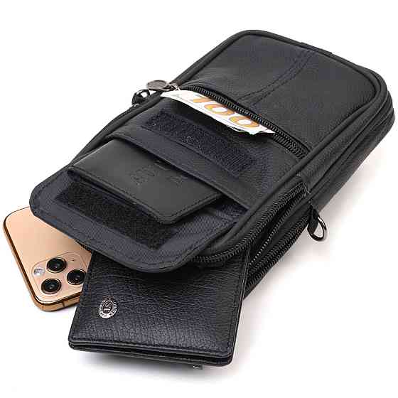 Вертикальная поясная сумка для мужчин из натуральной кожи Черная (Vintage) Киев