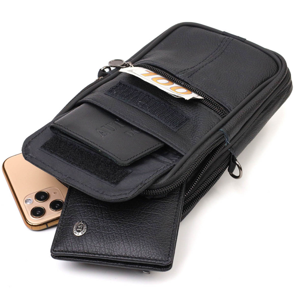 Вертикальная поясная сумка для мужчин из натуральной кожи Черная (Vintage) Киев - изображение 1