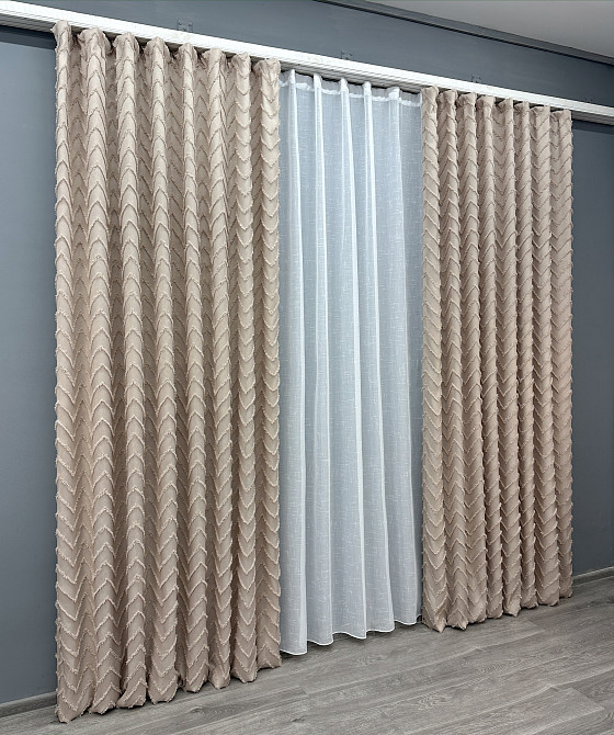 Комплект штор VR-Textil Лен Букле 200х270 2шт и Тюль 500х270 1813ш-115т Пудровый с белым 71-039/6 Киев - изображение 3