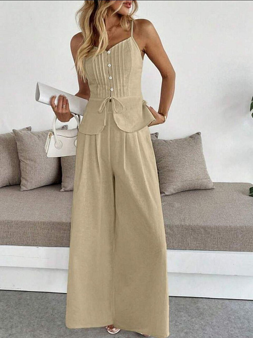 Женский летний брючный костюм двойка: топ и брюки лён Беж, 46/48 Одесса - изображение 1