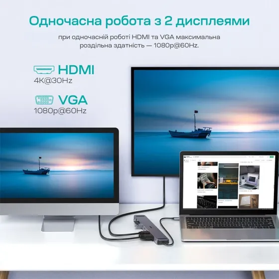 USB-C хаб 11-в-1 Choetech M20 HDMI 4K@30Hz, VGA, 3 USB-A 3.0, USB-C 3.0, RJ45, USB-C PD, SD-card, TF-card, 3.5mm audio (43-00154) Киев