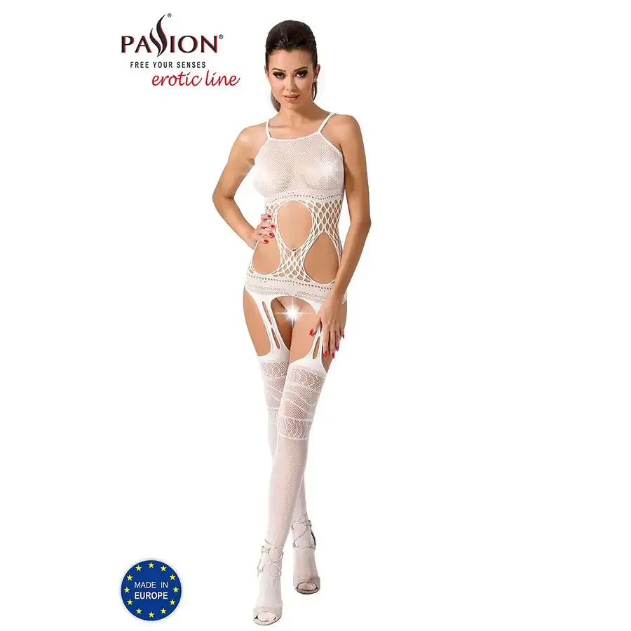Бодістокінг Passion BS047 white, комбінезон, імітація топа, панчох і пояса Львів - фото 2