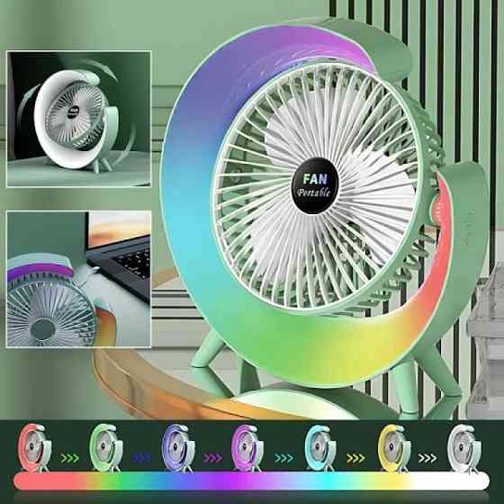 Вентилятор настільний акумуляторний з RGB підсвічуванням, USB 180° поворот, 3 швидкості, акумулятор  Київ
