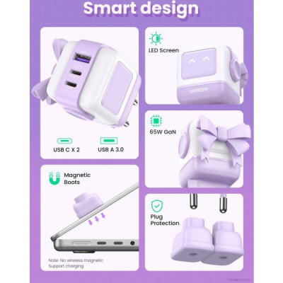 Зарядное устройство Ugreen CD361 Robot tech Fast Charger 3xUSB 2xUSB-C + USB-A PD65W GaN Purple (35291) Винница - изображение 4