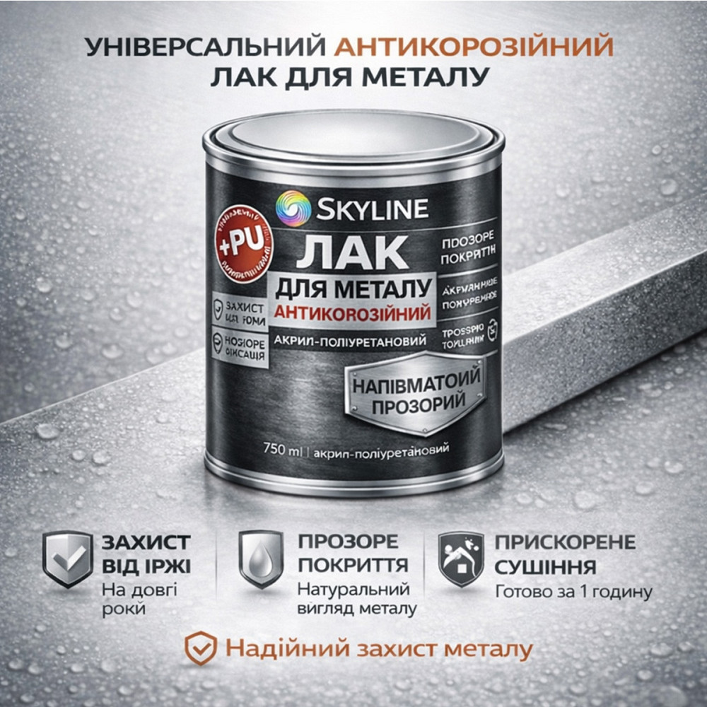 Лак для металу Skyline напівматовий прозорий акрил-поліуретановий антикорозійний без запаху 750 мл Харків - фото 5