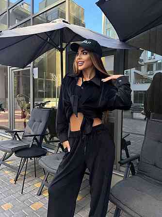 Женский прогулочный костюм двойка: рубашка + штаны палаццо турецкий велюр спорт Черный, 42/44 Одесса