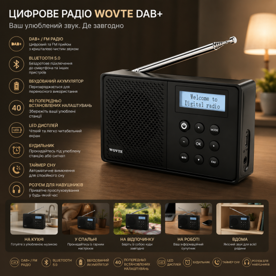 Портативний цифровий радіоприймач WOVTE DAB/DAB+/FM з Bluetooth акумуляторний кишеньковий міні приймач Чорний Київ