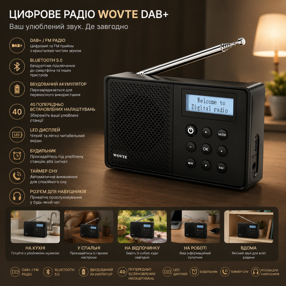 Портативний цифровий радіоприймач WOVTE DAB/DAB+/FM з Bluetooth акумуляторний кишеньковий міні приймач Чорний Київ - фото 1