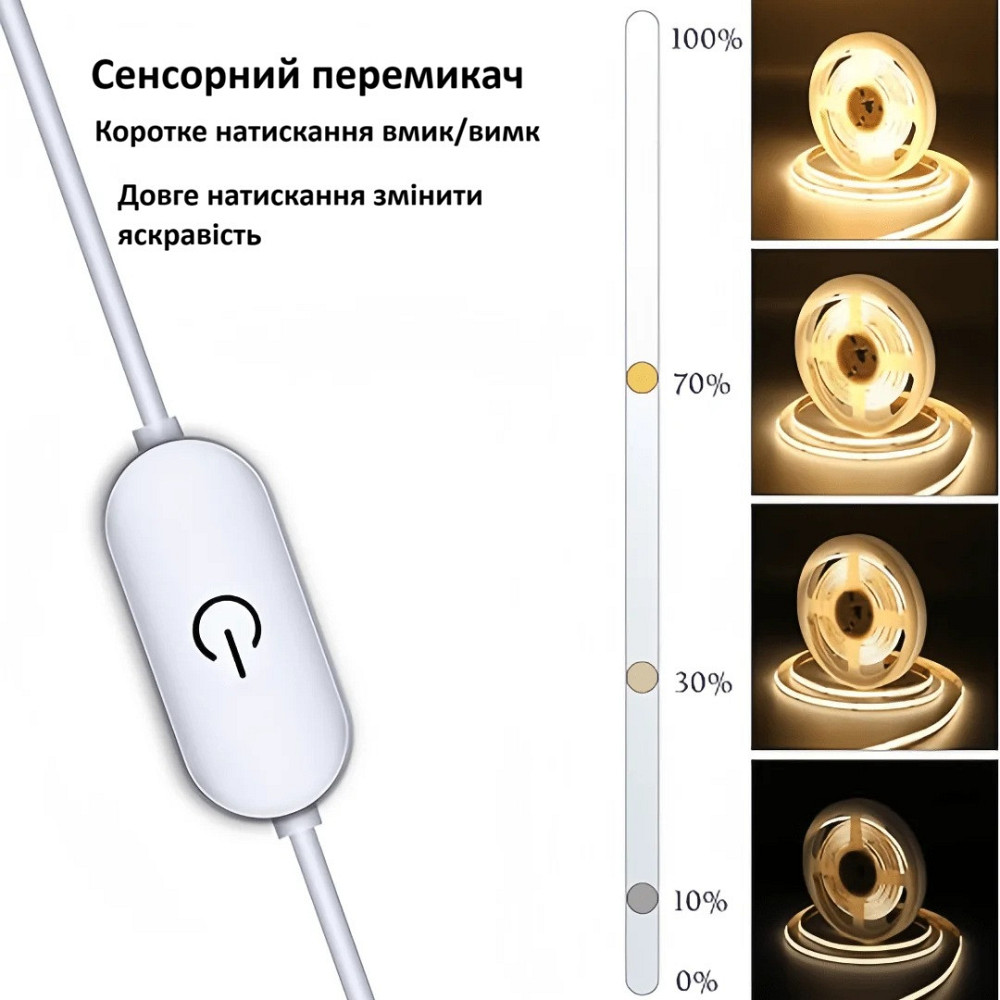 Гнучка USB COB LED стрічка ZYFYYDS 5V з тач-керуванням, 320 LED/м, холодне світло 6000K, самоклейка, розрізна, 5 м Миколаїв - фото 3