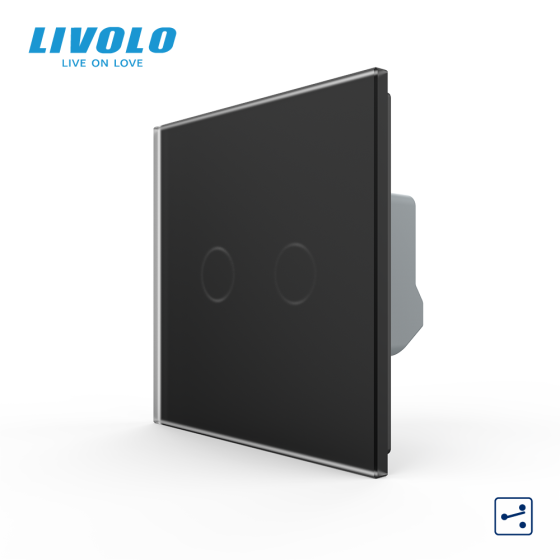 Сенсорний прохідний / перехресний вимикач LIVOLO, 2-сенсорний, чорний матове скло, 5А 230В, без нейтралі Коломия