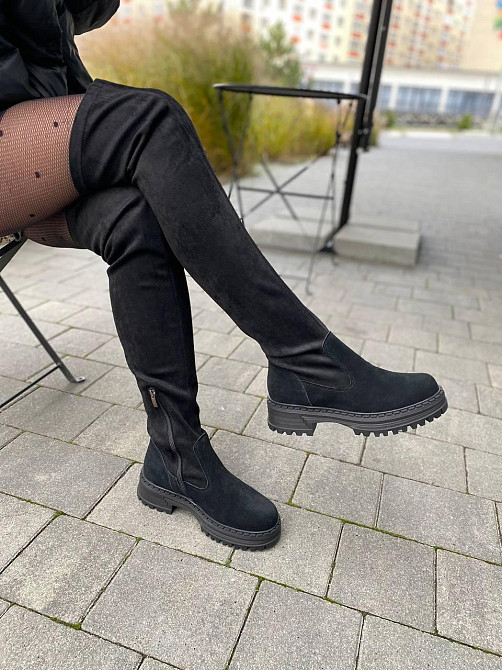 Ботфорти зимові жіночі з натуральної замші чорні на плоскій підошві, наповнювач хутро 88/1 р.41 Коломия - фото 5
