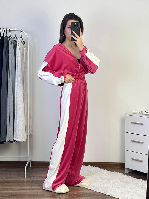 Женский прогулочный костюм двойка: кофта и штаны велюр 46/48, Малиновый Одесса - изображение 2