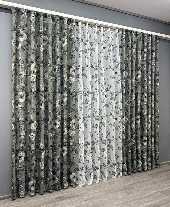 Комплект штор VR-Textil Лен Прованс 150х265 2шт и Тюль 400х265 1724ш-1681т Серый с белым 71-104/3 Киев - изображение 2