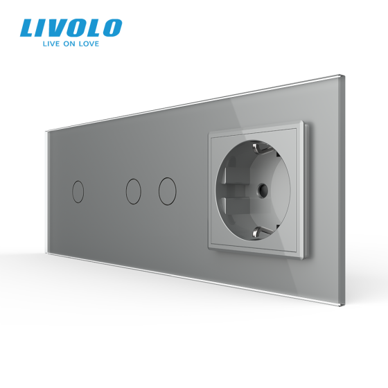 LIVOLO Сенсорний прохідний/перехресний вимикач 3 сенсора (1-2) 1 розетка Livolo сірий скло (VL- Коломыя