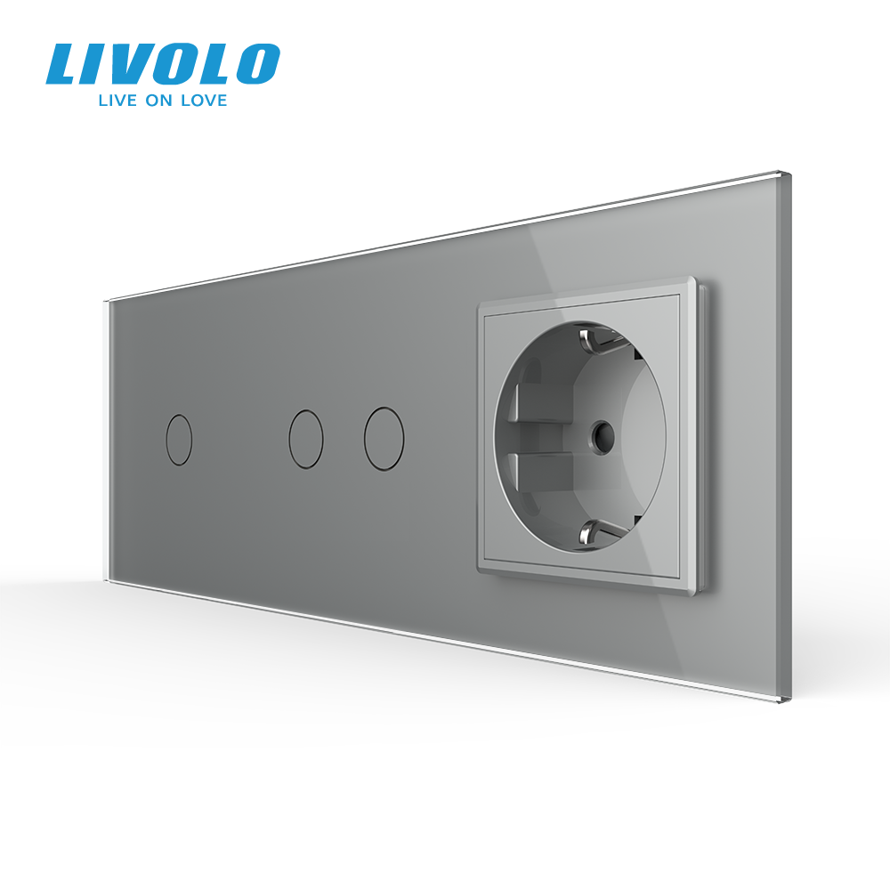 LIVOLO Сенсорний прохідний/перехресний вимикач 3 сенсора (1-2) 1 розетка Livolo сірий скло (VL- Коломыя - изображение 1