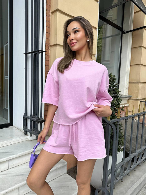 Жіночий повсякденний прогулянковий костюм-двійка: футболка та шорти турецька петля пеньє 100% бавовна Рожевий, 46/48 Одеса - фото 7