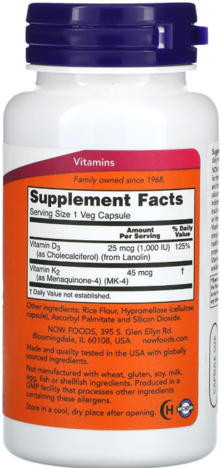 Витамин Д3 и К2 для костей и сосудов Now Foods Vitamin D-3 & K-2 120 капс Киев - изображение 2