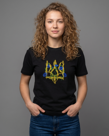 Жіноча Футболка вишита з тризубом (колоски та волошки) чорна 5XL Київ
