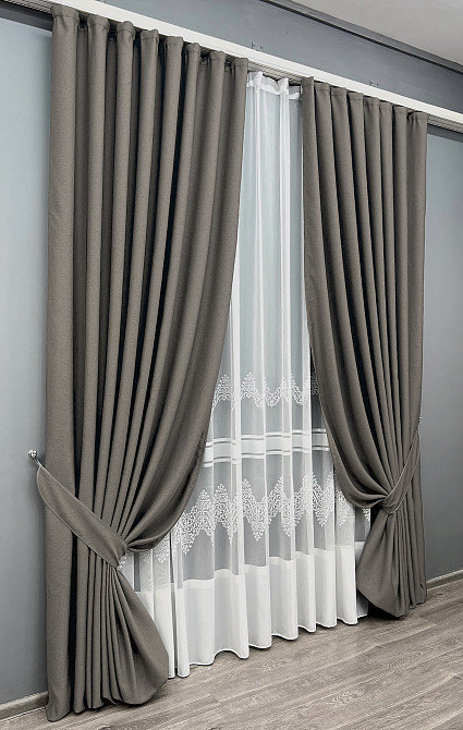 Комплект штор VR-Textil рогожка преміум TERRA LUXE 150х270 2шт і Тюль 400х270 1856ш-1704т Темно-сірий з білим 71-110/3 Київ - фото 2