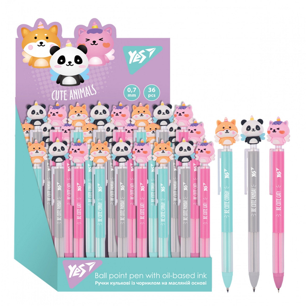 Ручка олійна автоматична "YES" 412104 "Cute animals" 0,7 мм синя, шт Київ - фото 1