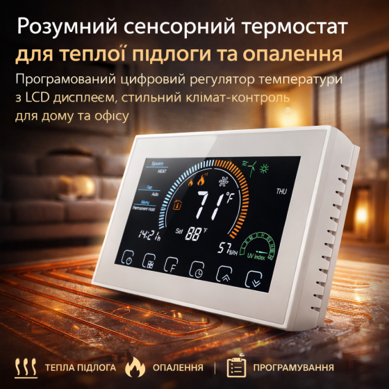 Розумний сенсорний WiFi термостат BecaSmart BHT-8000GA/GB 16A — Програмований регулятор температури для електричної теплої підлоги Київ