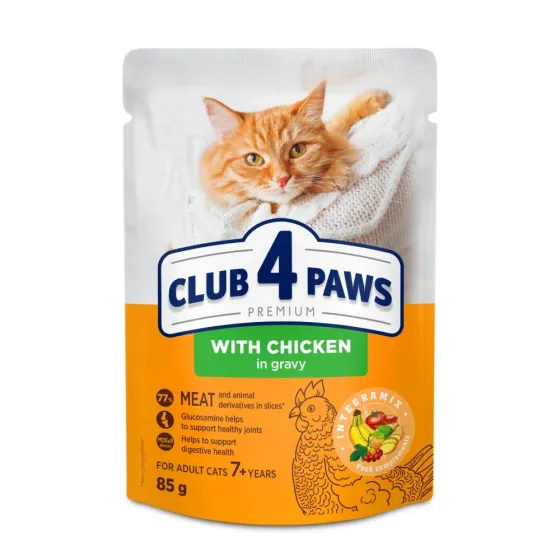 Полнорационный консервированный корм для кошек +7 лет CLUB 4 PAWS (Клуб 4 Лапы) Премиум с курицей в соусе, 85 г Винница