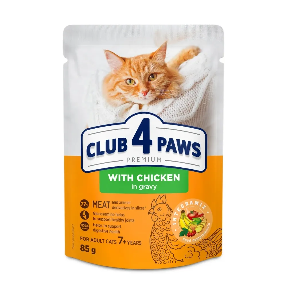 Полнорационный консервированный корм для кошек +7 лет CLUB 4 PAWS (Клуб 4 Лапы) Премиум с курицей в соусе, 85 г Винница - изображение 1