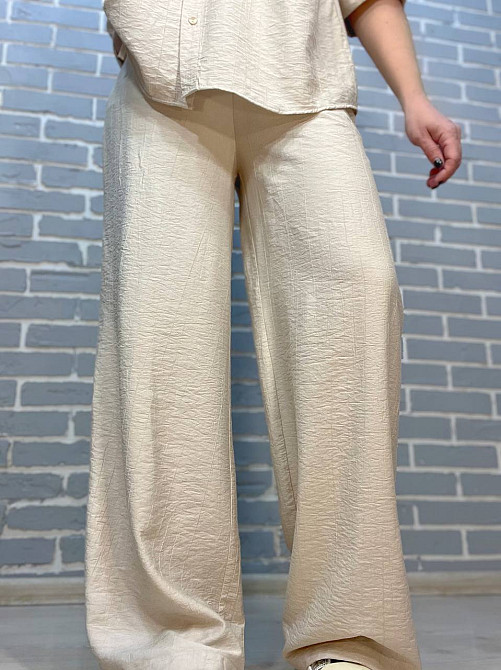 Костюм женский Mix Ray 4218 ткань жатка рубашка на пуговицах карманы и широкие брюки на резинке бежевый, бежевый, S Киев - изображение 3