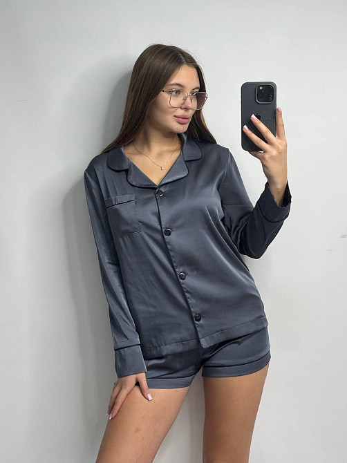 Комплект шовковий трійка сорочка з шортами і штанами Графітовий XL Харків - фото 5